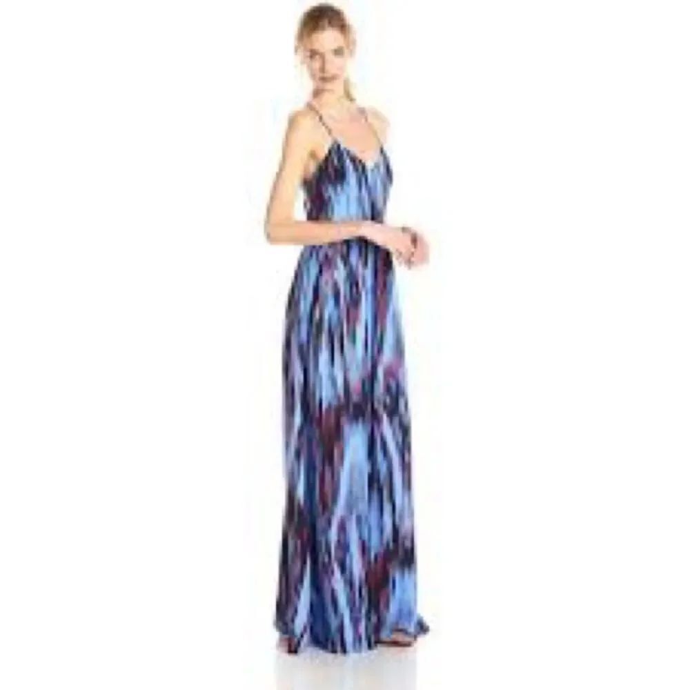 Parker Miles Blue & Red Watercolor Ikat 100% Silk Maxi Dress
